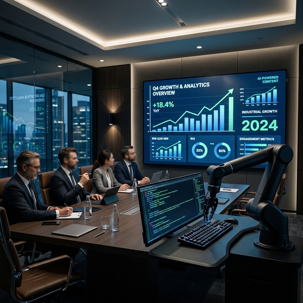 Industrial robot and code symbolising AI B2B Copywriting