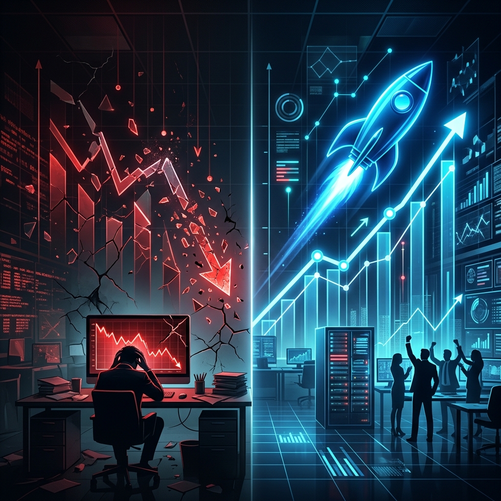 A shattered digital growth chart next to a glowing blue rocket