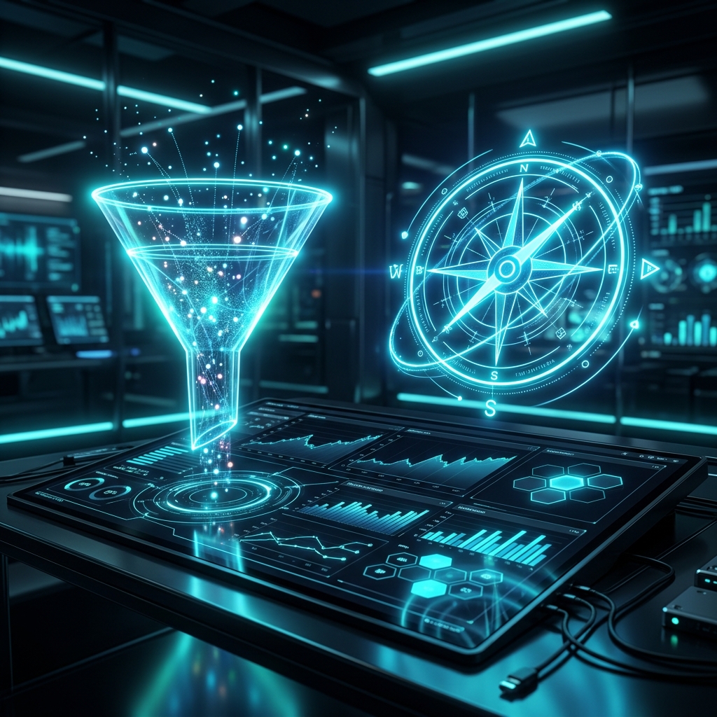 A futuristic funnel and compass over an analytics dashboard