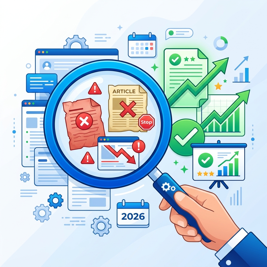 Content Audit 2026: Professionelle Lupe scannt Blog-Artikel auf toxische Inhalte.