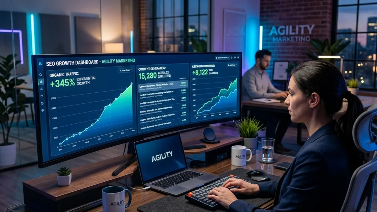 A modern agency desktop setup with Content Lobby dashboards
