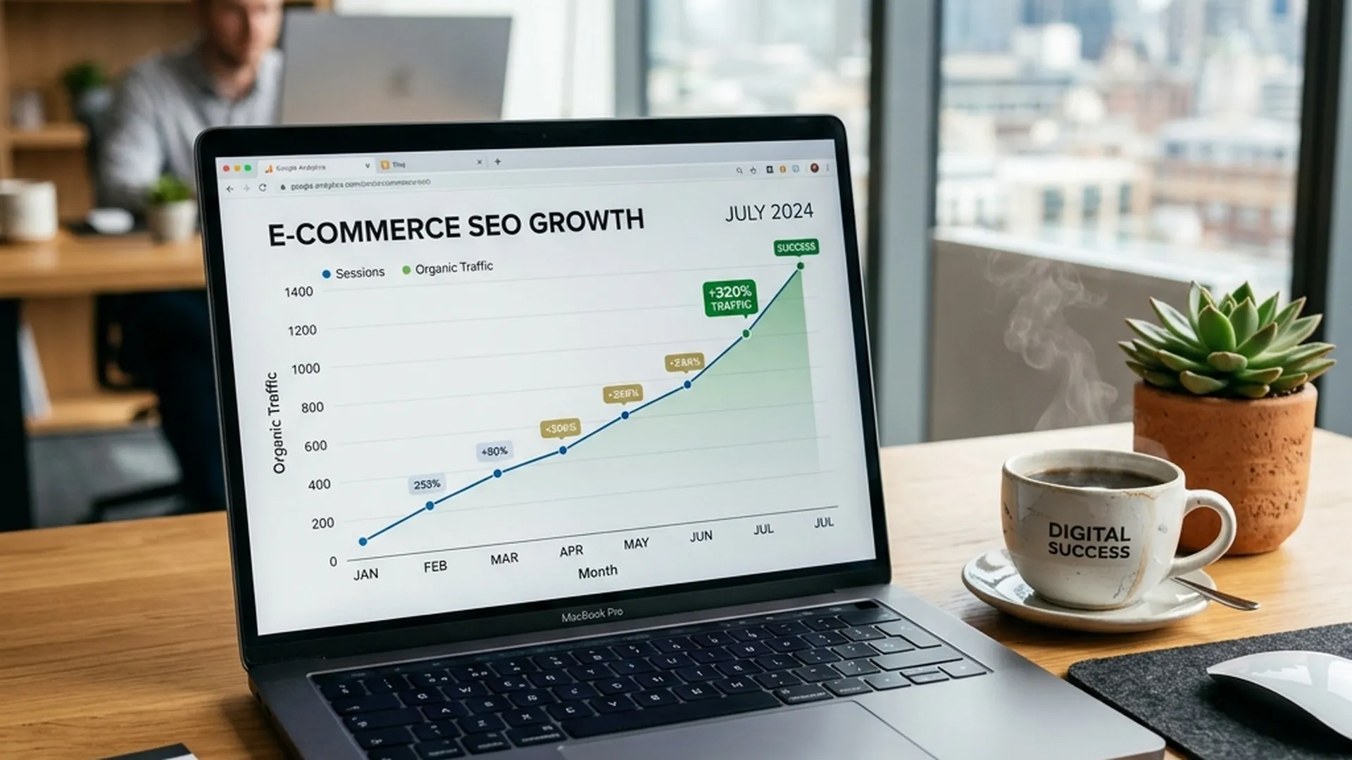 Laptop showing growing SEO traffic numbers for an ecommerce store