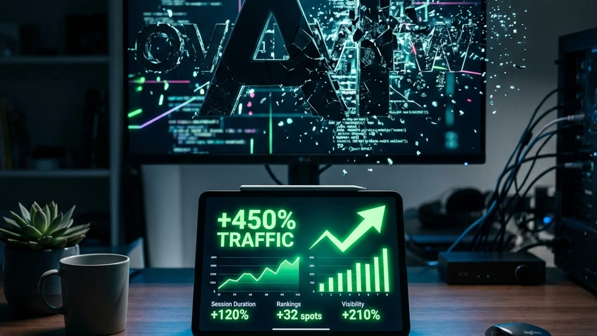 A glowing tablet on an office desk shows massive traffic growth amid exploding AI code.