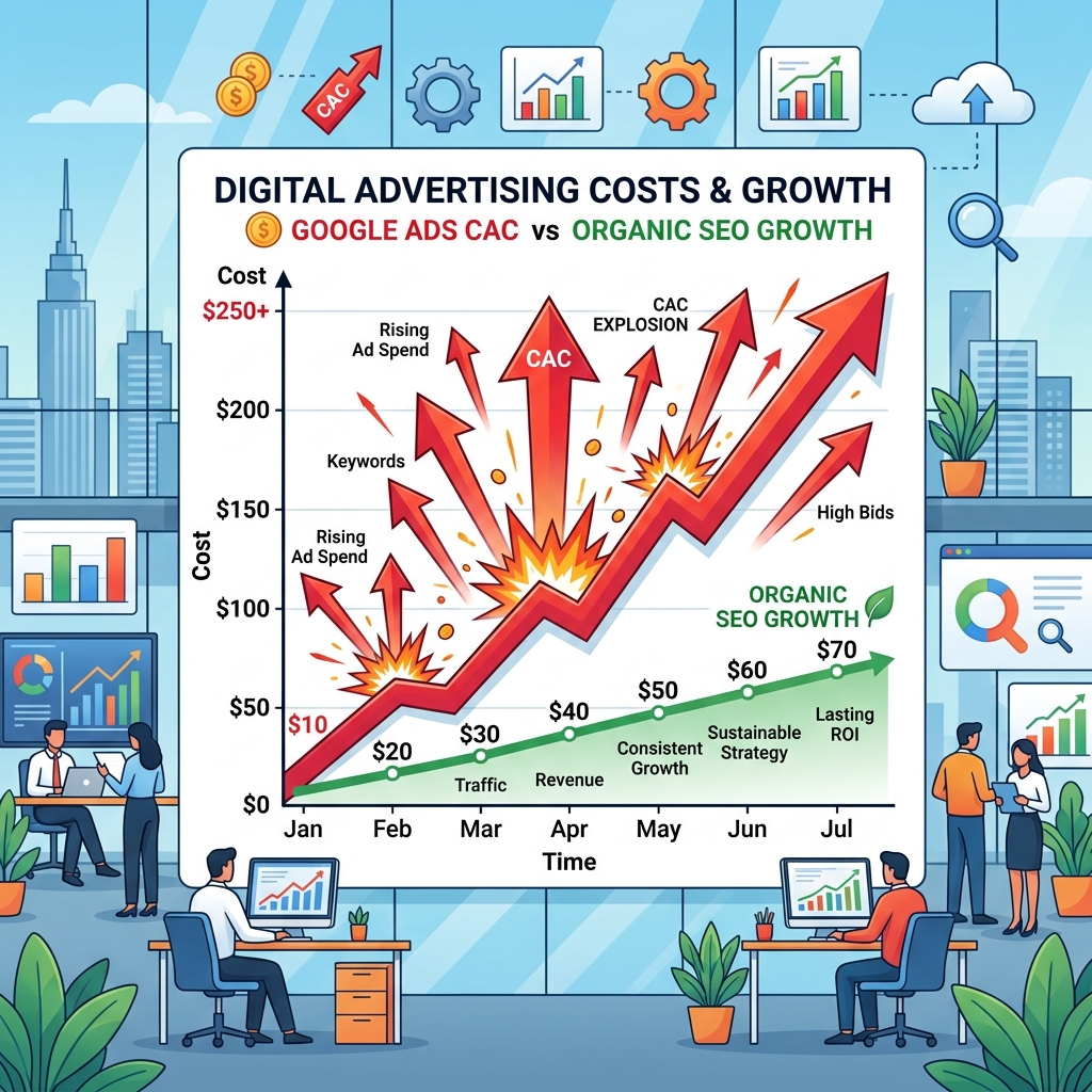 Diagramm zeigt explodierende Customer Acquisition Costs (CAC) für Startups, mit Pfeilen nach oben.