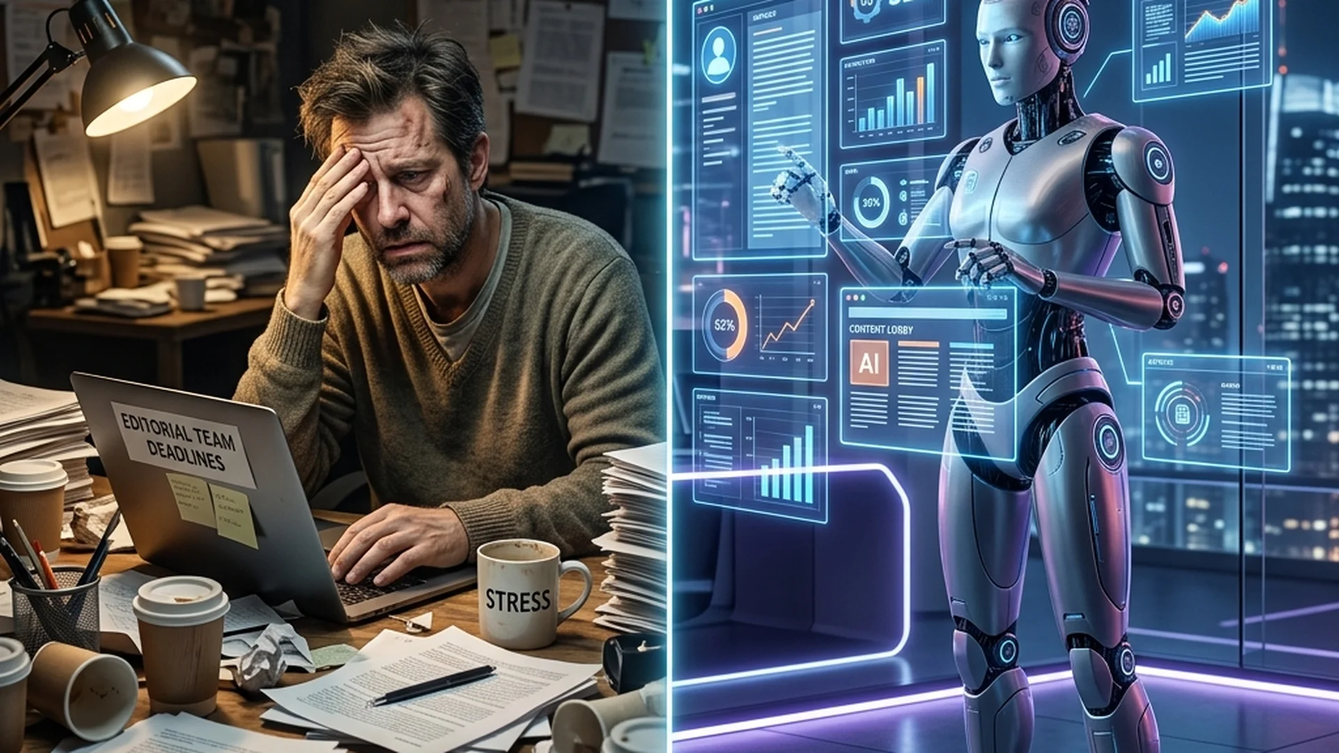 Stressed in-house content writer vs. ContentLobby AI automation