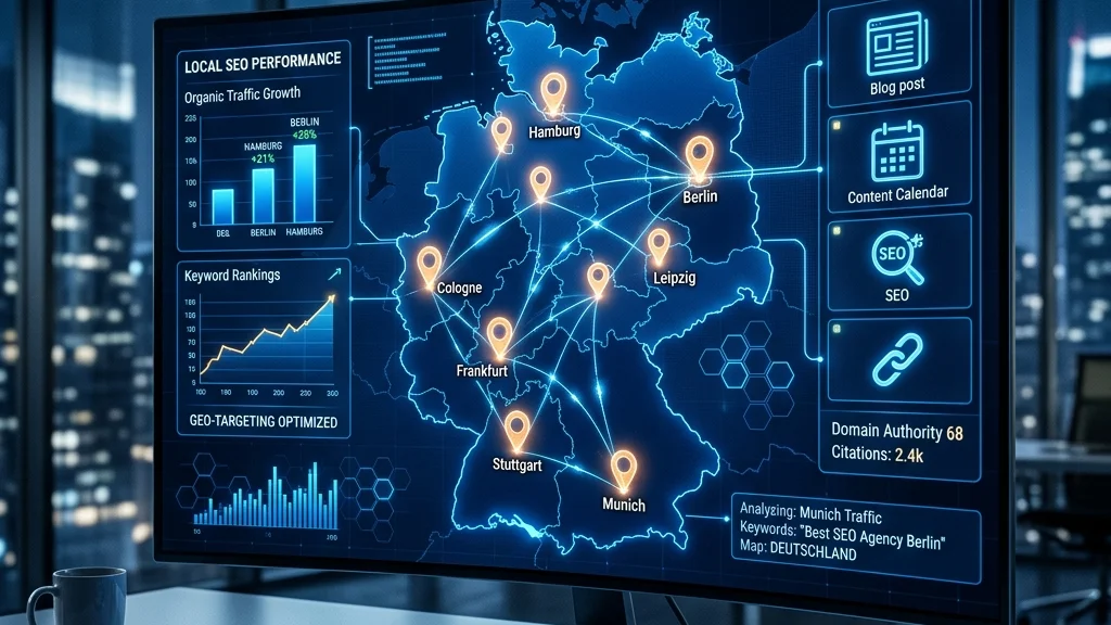 Digital map of the region with glowing Local SEO pins