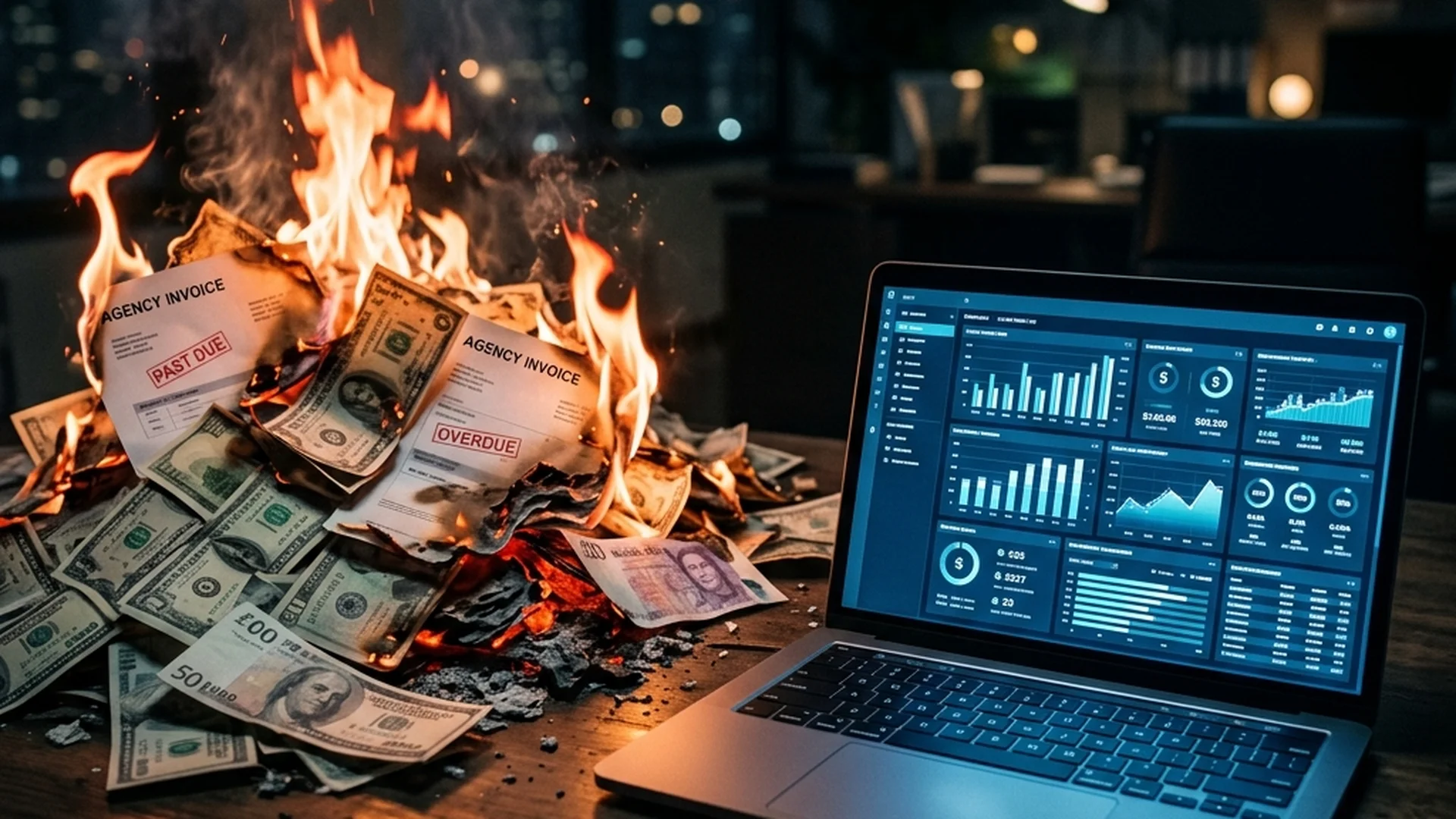 A clean SEO dashboard in front of a burning stack of invoices